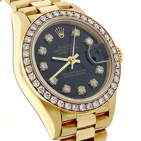 ladies rolex black 18k date|Rolex ladies diamond bezel watch.